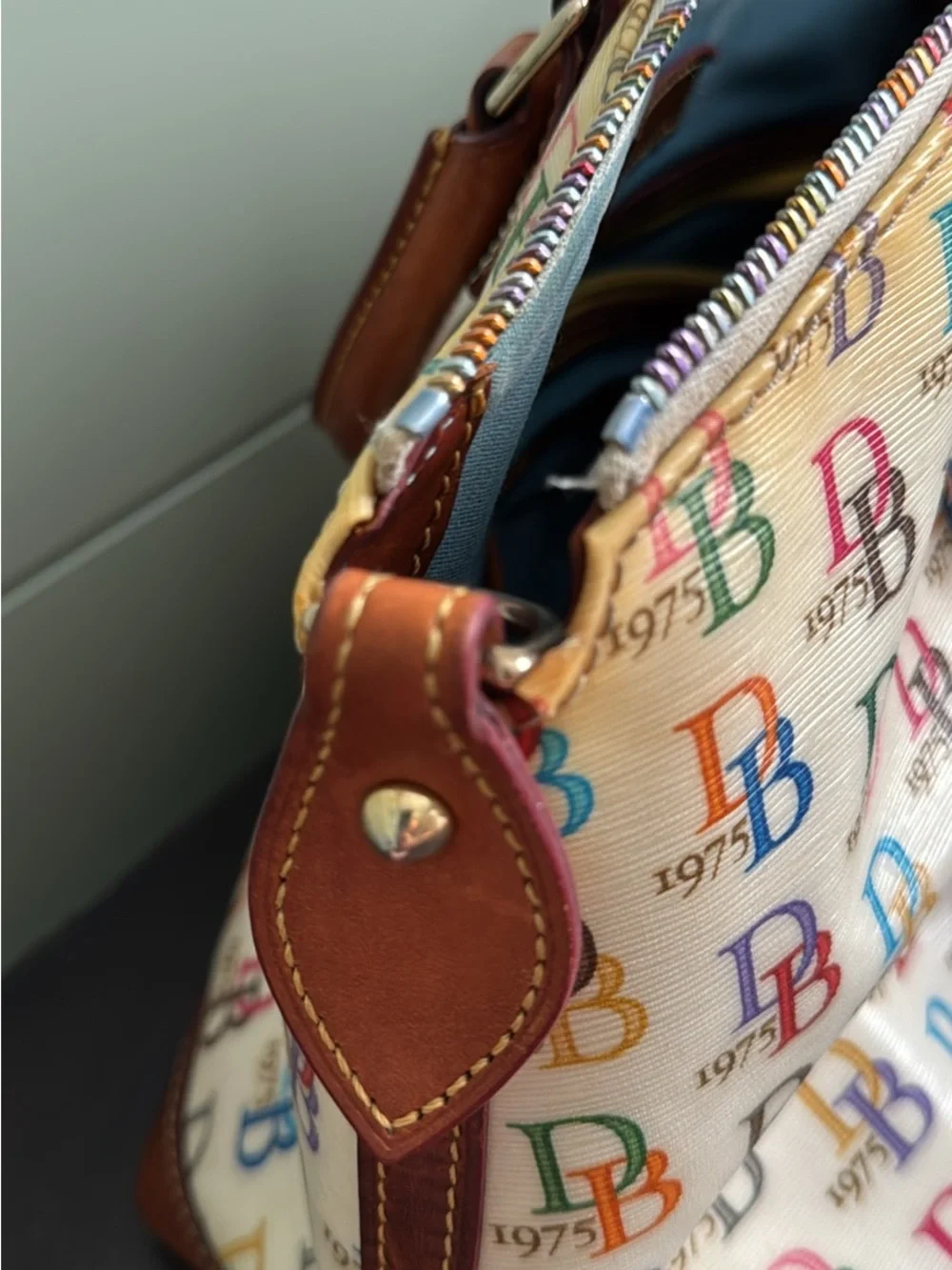 Vintage Dooney & Bourke Multicolor Monogram Satchel with Tan Leather Trim